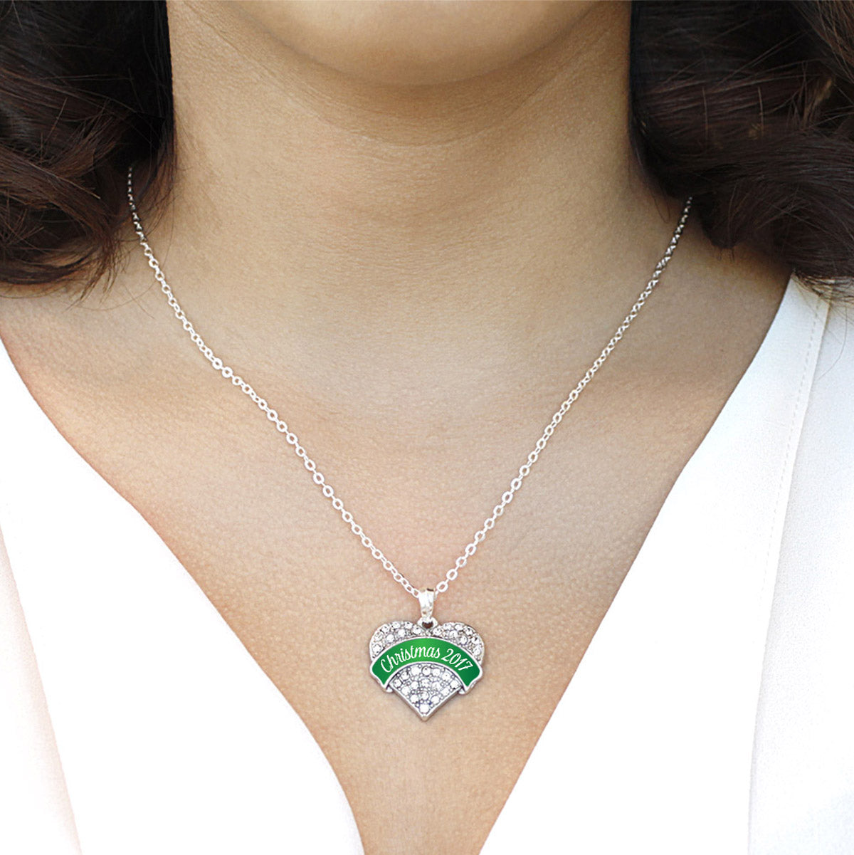Silver Green Christmas 2017 Pave Heart Charm Classic Necklace