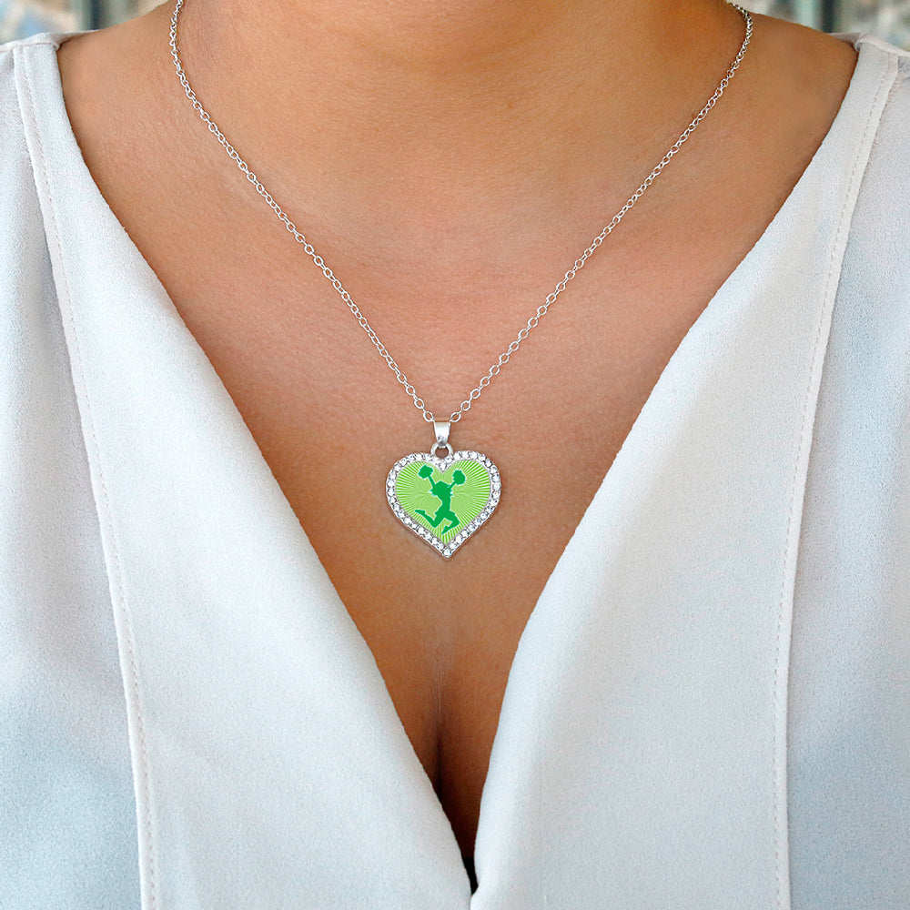 Silver Cheerleader - Green Open Heart Charm Classic Necklace