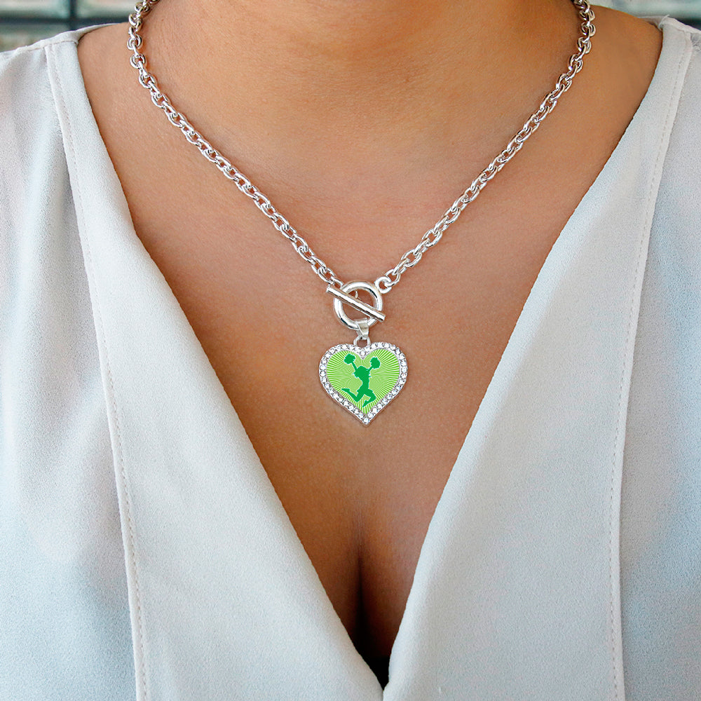 Silver Cheerleader - Green Open Heart Charm Toggle Necklace