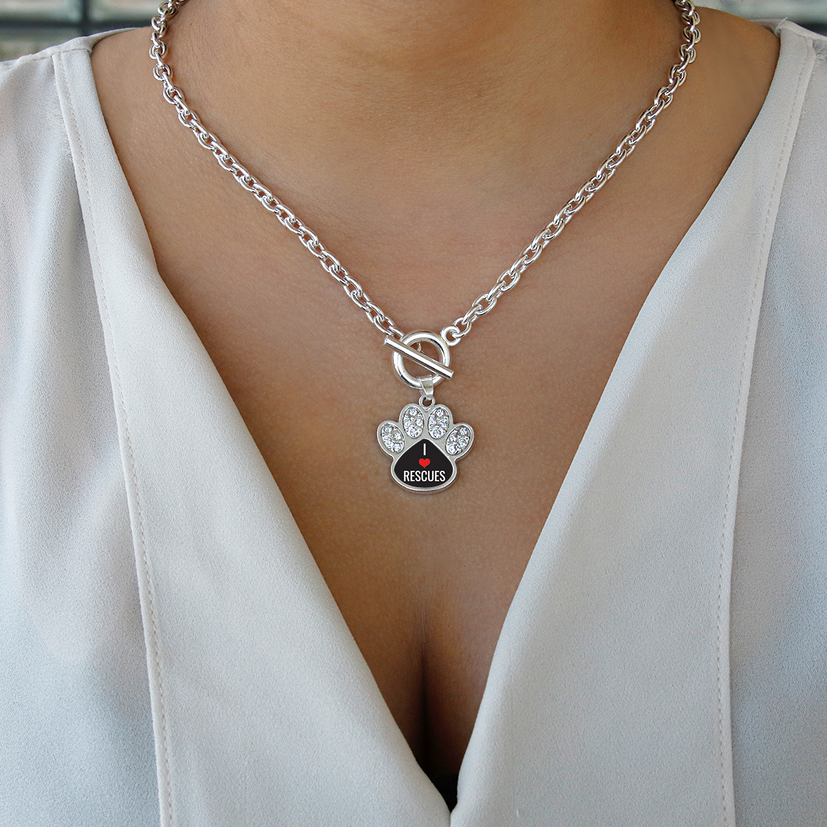 Silver I Heart Rescues Pave Paw Charm Toggle Necklace