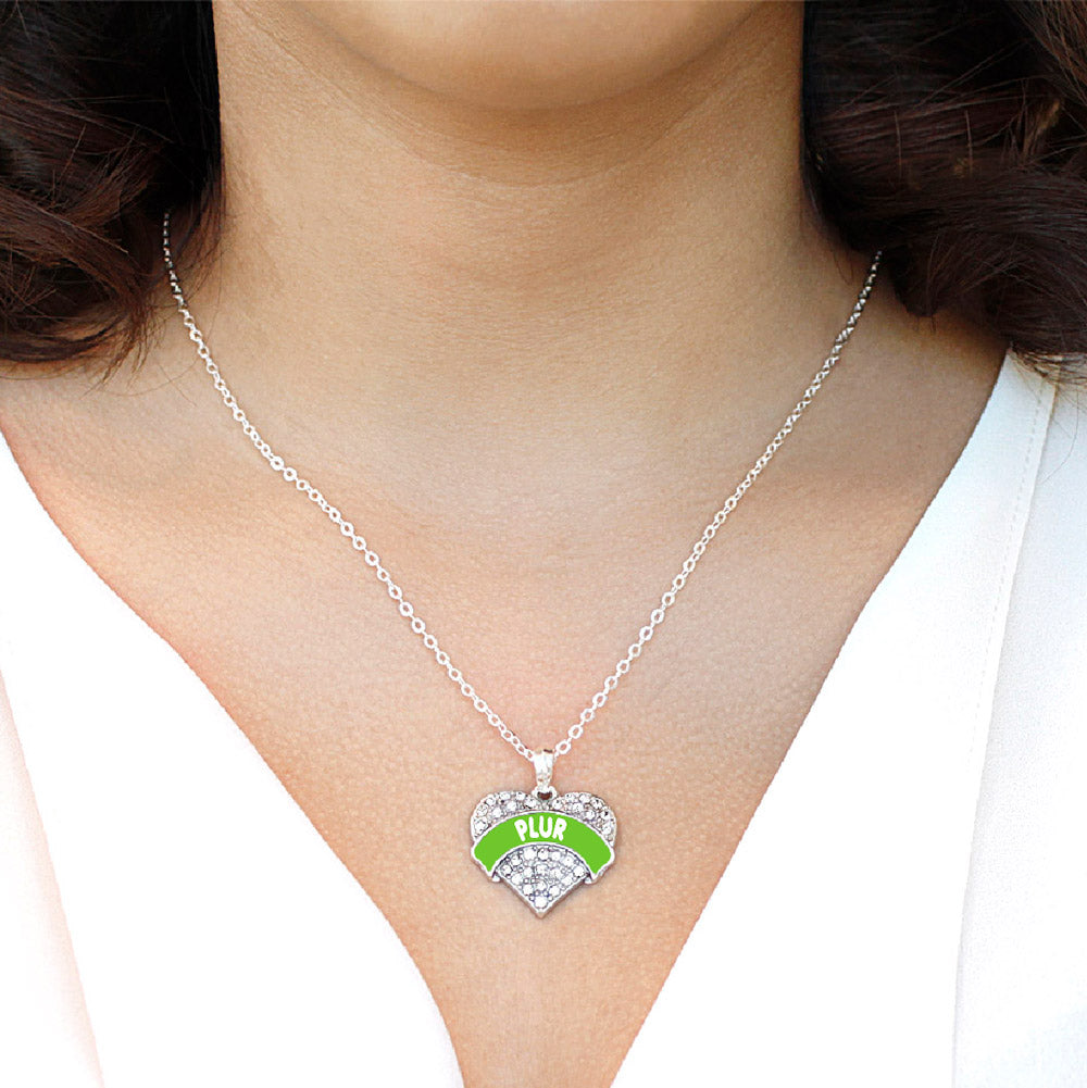 Silver Green PLUR Pave Heart Charm Classic Necklace