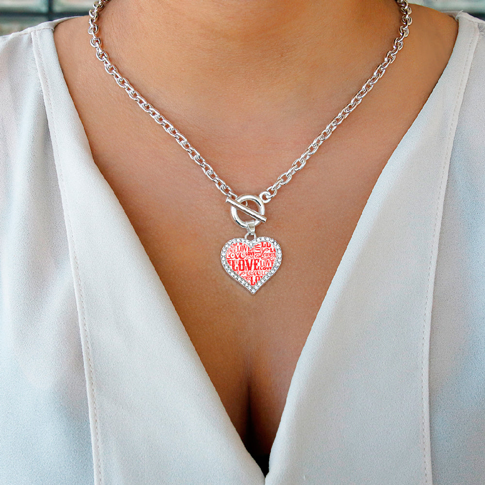 Silver Love Pattern Open Heart Charm Toggle Necklace
