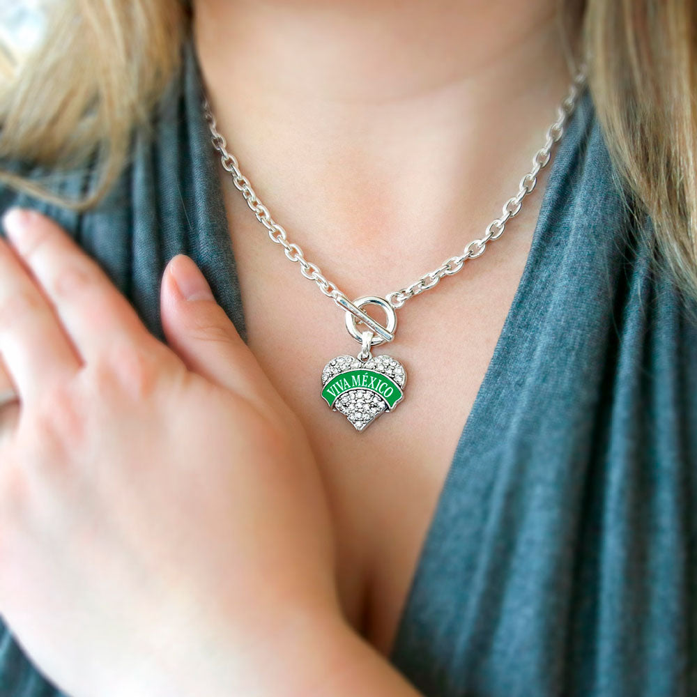Silver Green Viva México Pave Heart Charm Toggle Necklace