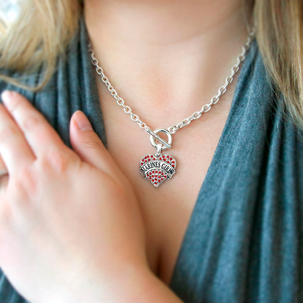 Silver Marines Girl Red Pave Heart Charm Toggle Necklace