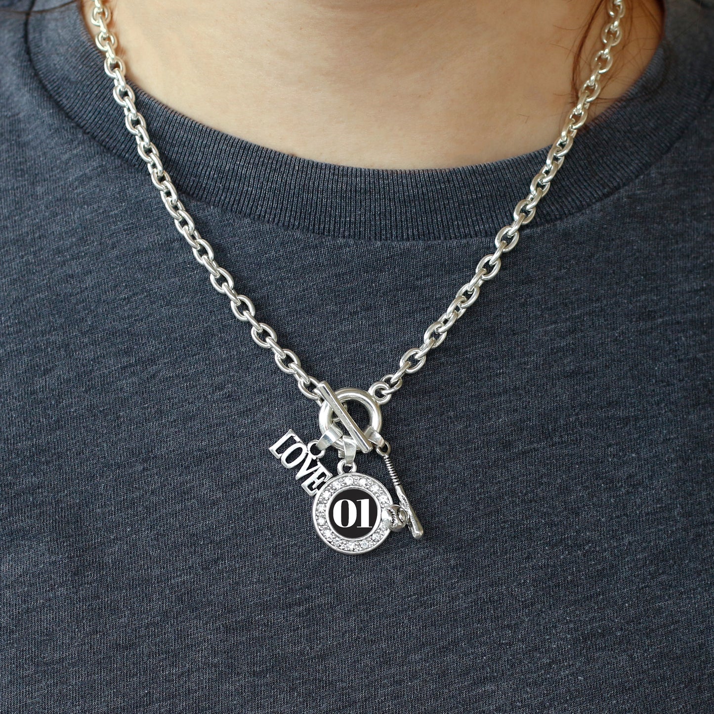 Silver Baseball Bat - Sports Number 01 Circle Charm Toggle Necklace