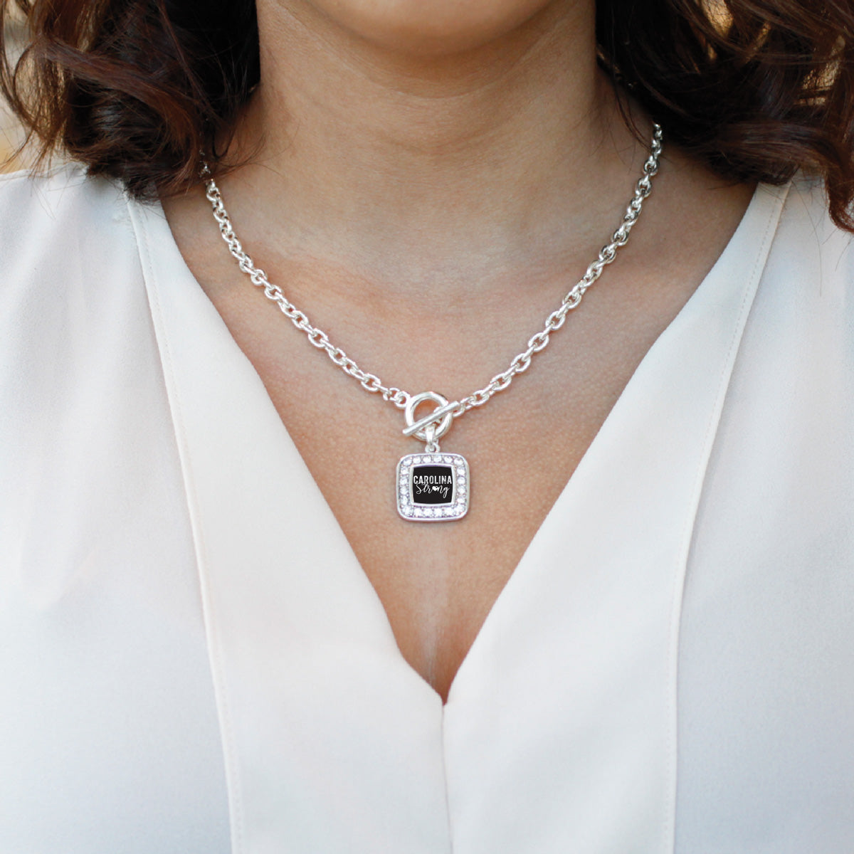 Silver Carolina Strong Square Charm Toggle Necklace