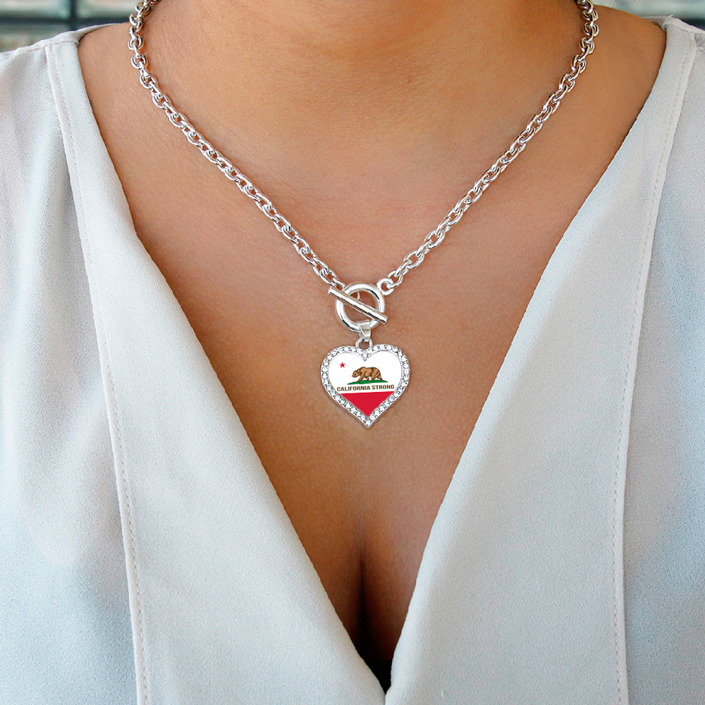 Silver California Strong Flag Open Heart Charm Toggle Necklace