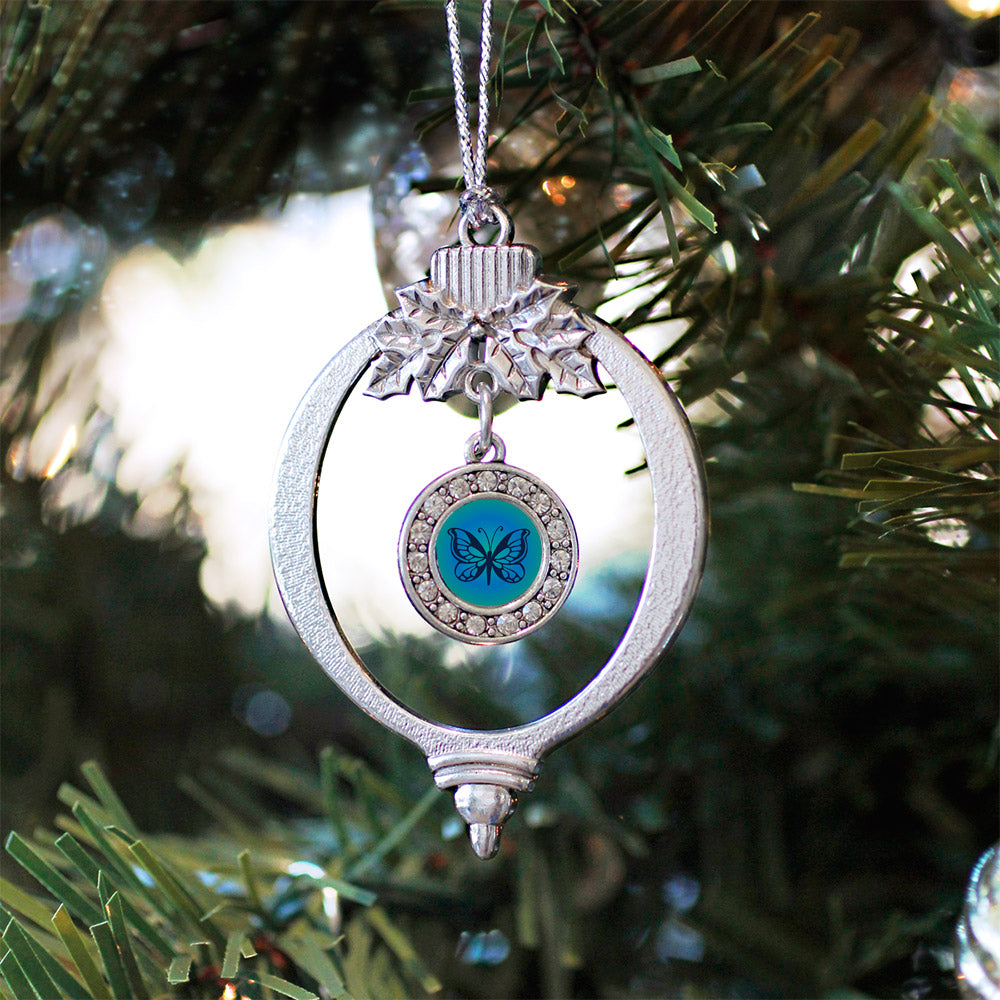 Silver Blue Butterfly Circle Charm Holiday Ornament