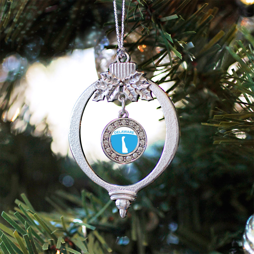 Silver Delaware Outline Circle Charm Holiday Ornament