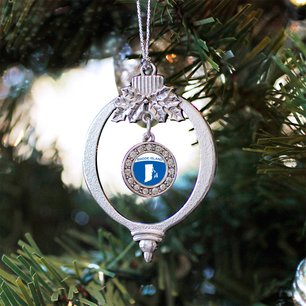 Silver Rhode Island Outline Circle Charm Holiday Ornament