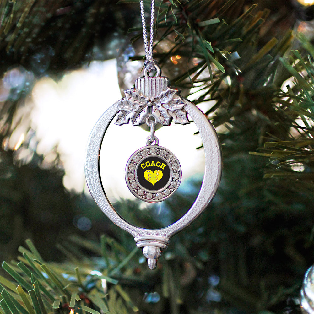 Silver Softball Coach Circle Charm Holiday Ornament