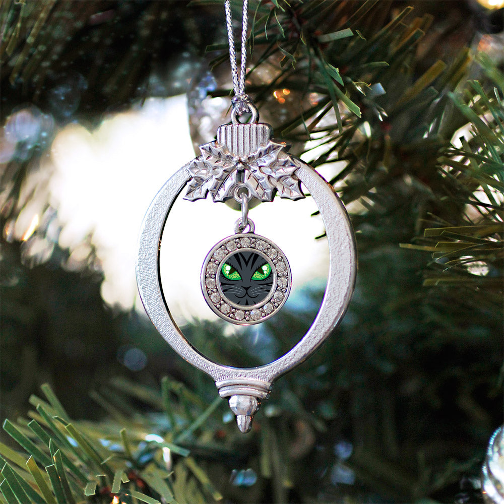 Silver Mischevious Cat Circle Charm Holiday Ornament