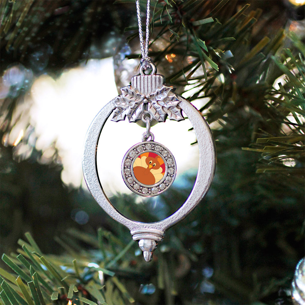 Silver Turkey Circle Charm Holiday Ornament