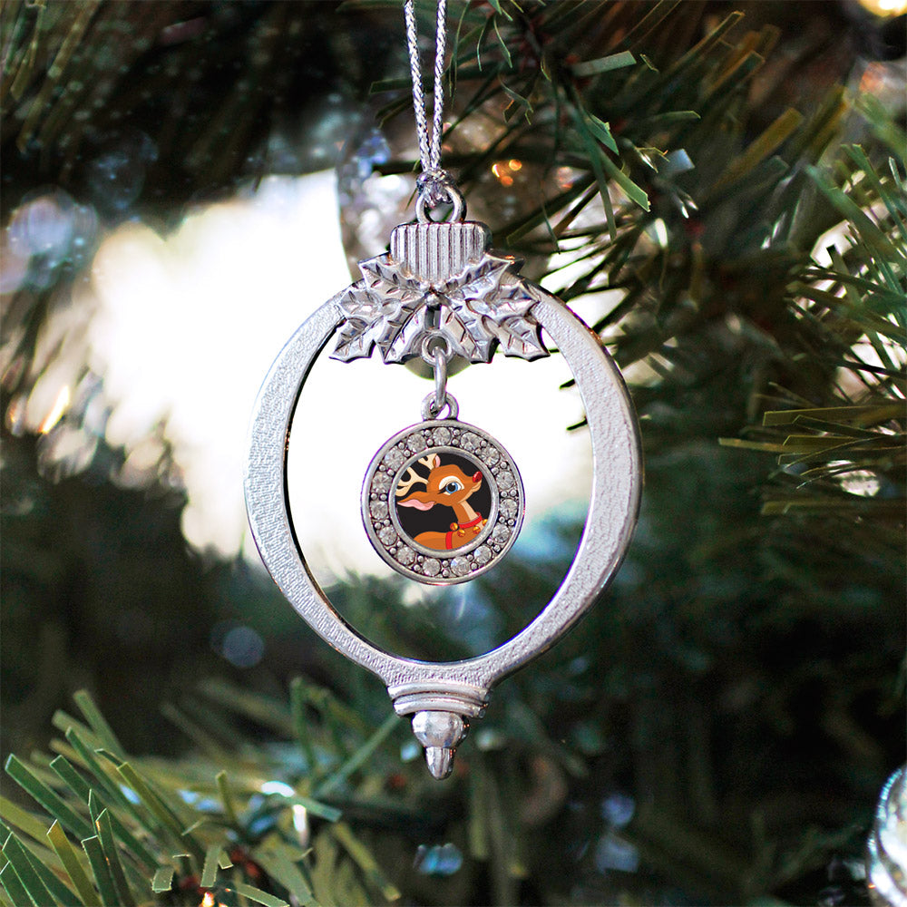 Silver Red Nosed Reindeer Circle Charm Holiday Ornament