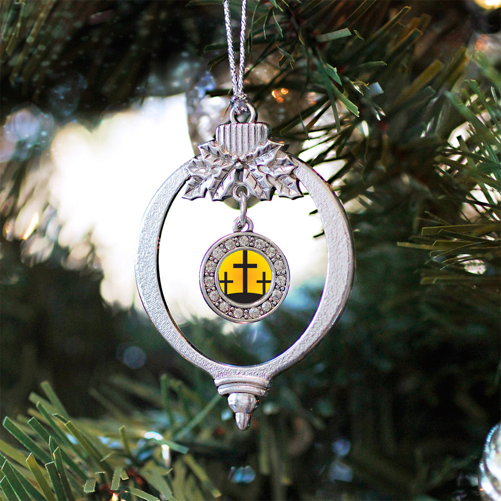 Silver Three Crosses Circle Charm Holiday Ornament