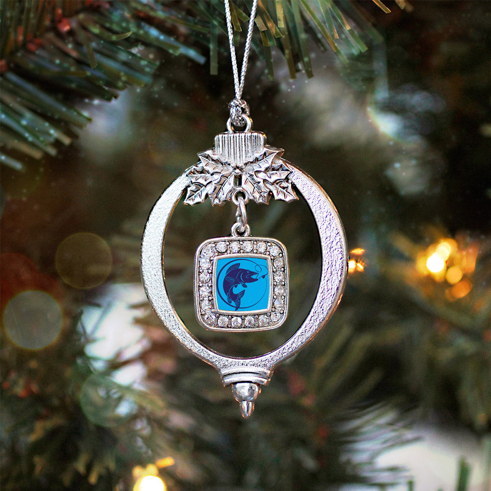 Silver Blue Fishing Square Charm Holiday Ornament