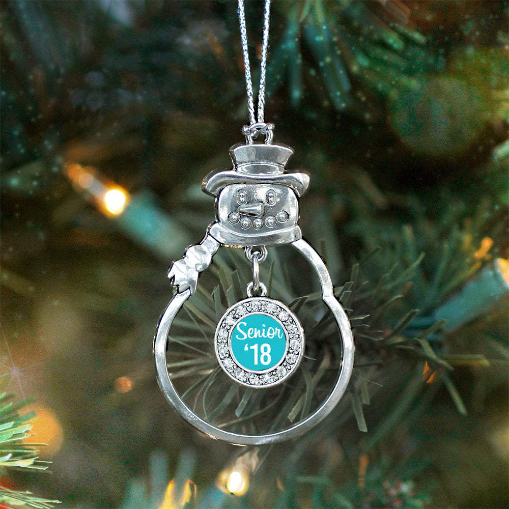 Silver Teal Senior '18 Circle Charm Snowman Ornament