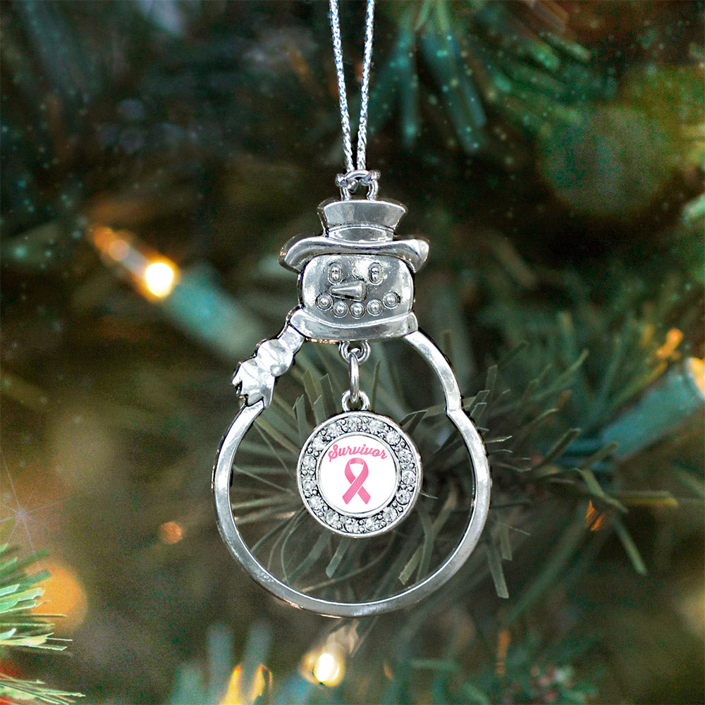 Silver Pink Ribbon Survivor Circle Charm Snowman Ornament