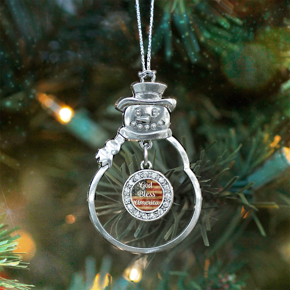 Silver God Bless America Circle Charm Snowman Ornament