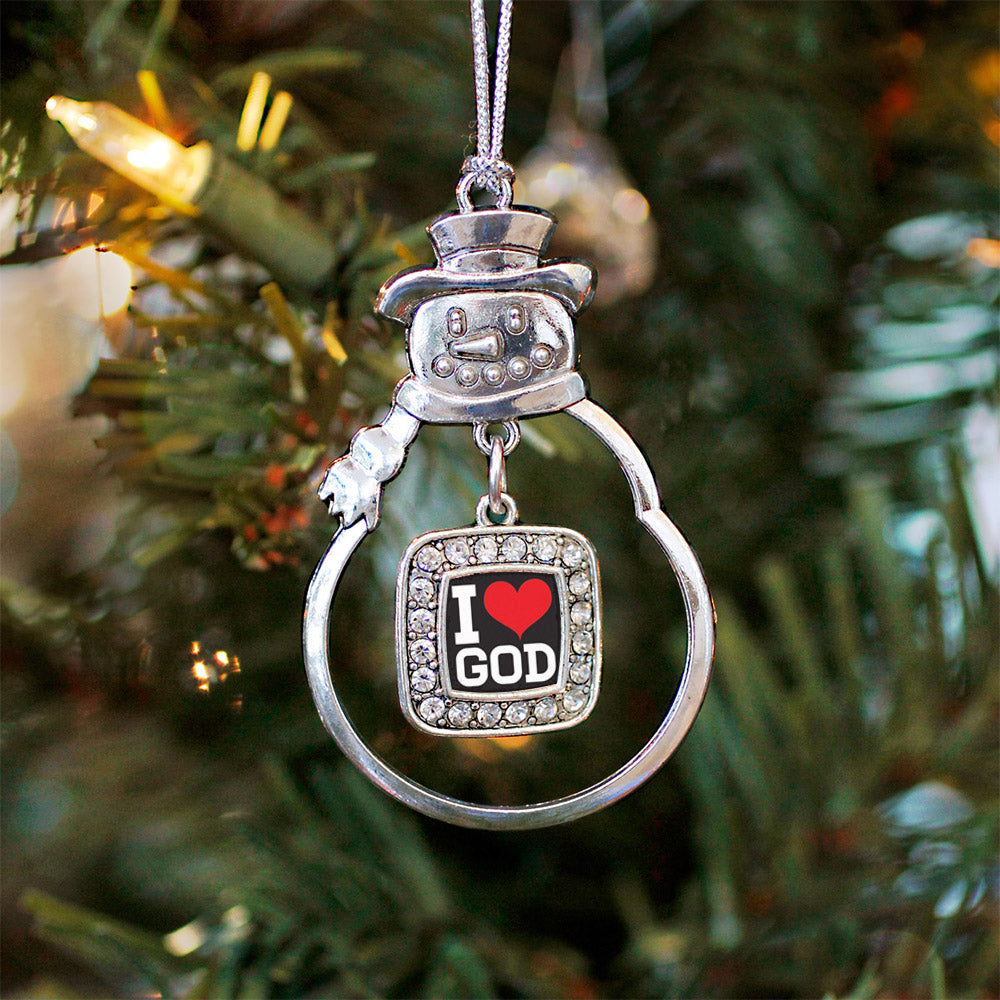 Silver I Love God Square Charm Snowman Ornament