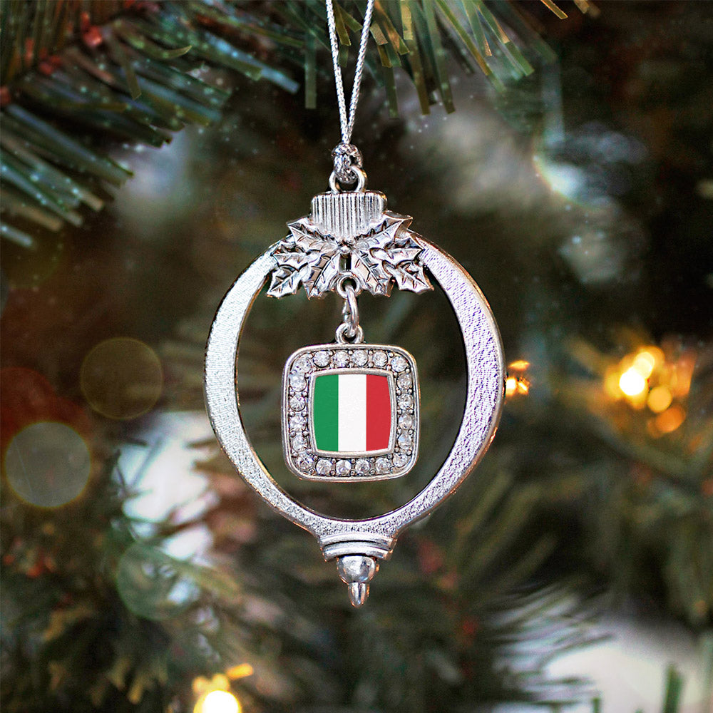 Silver Italian Flag Square Charm Holiday Ornament