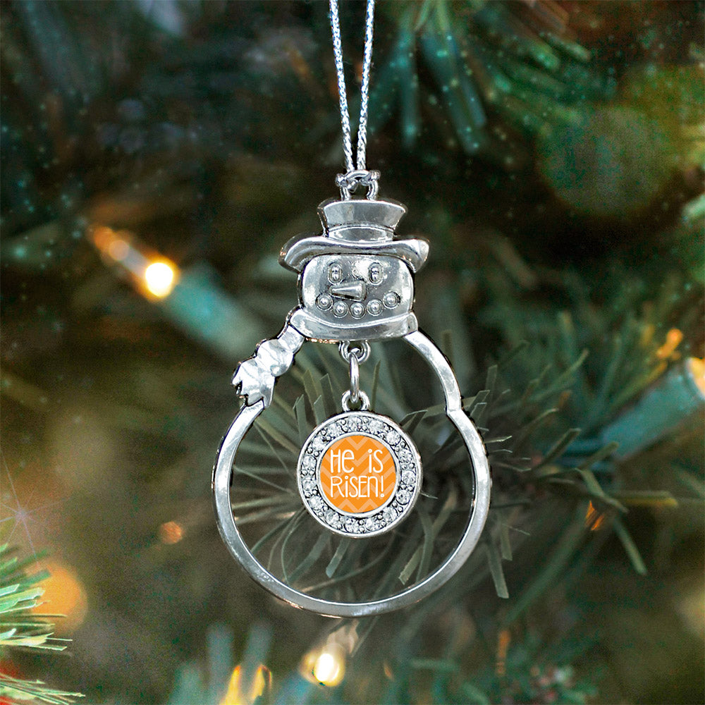 Silver He is Risen Orange Chevron Patterned Circle Charm Snowman Ornament