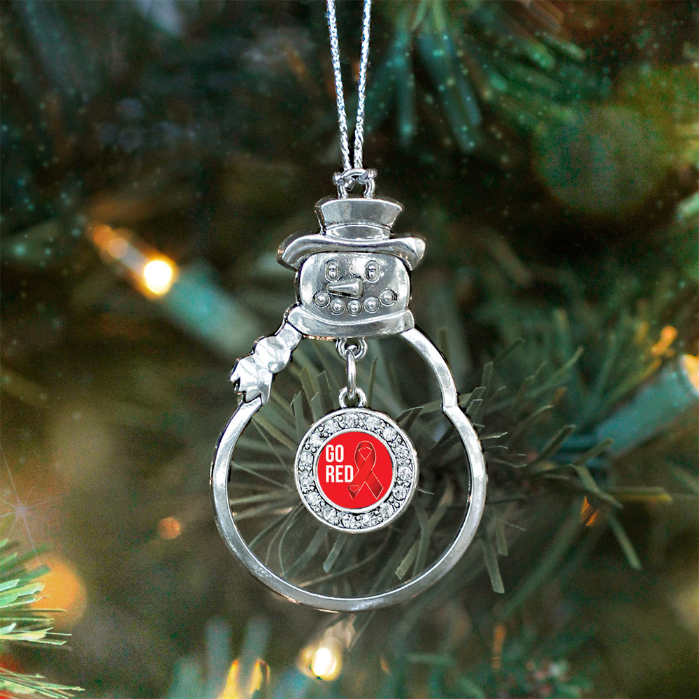Silver Go Red Heart Disease Awareness Circle Charm Snowman Ornament