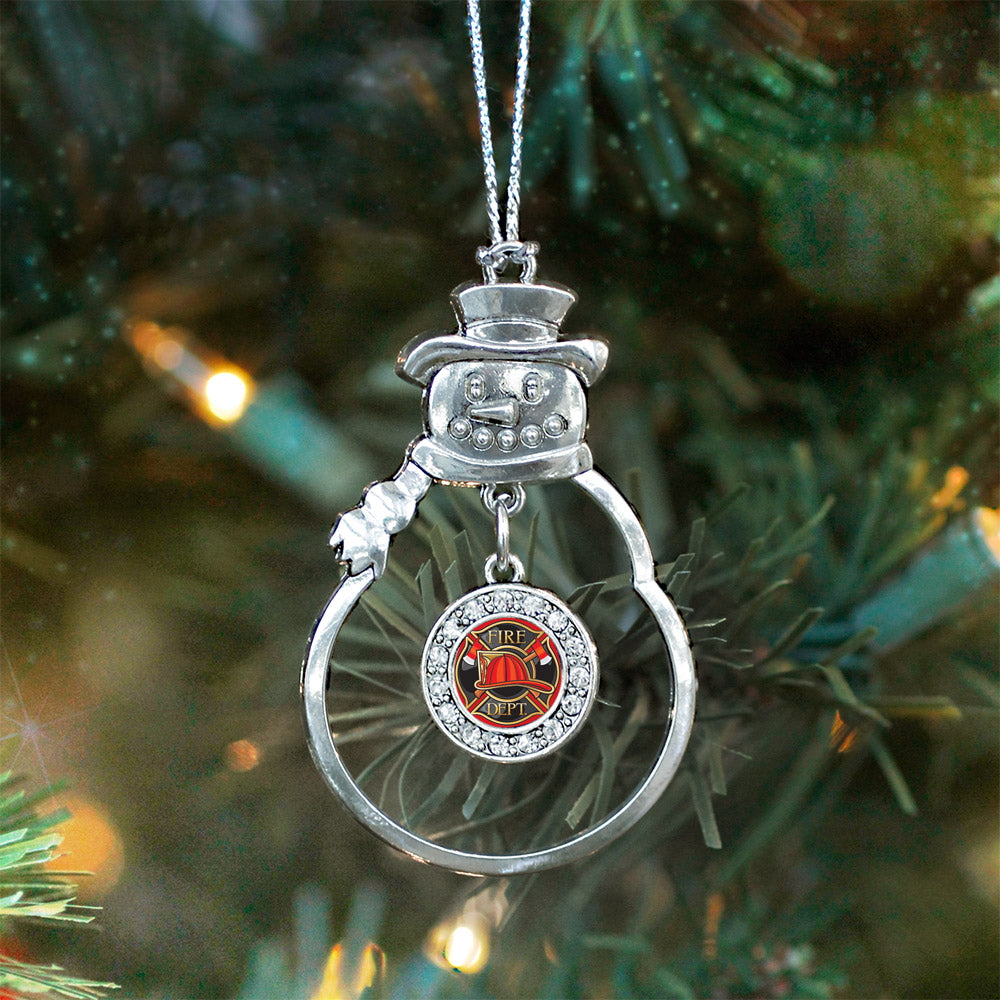 Silver Fire Department Badge Circle Charm Snowman Ornament
