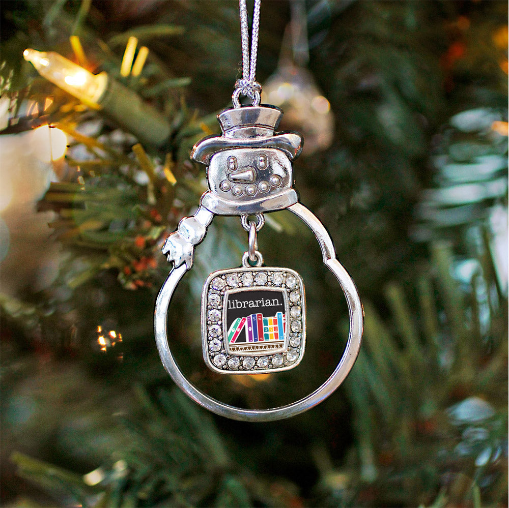 Silver Librarian Square Charm Snowman Ornament