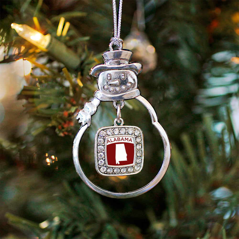 Silver Alabama Outline Square Charm Snowman Ornament