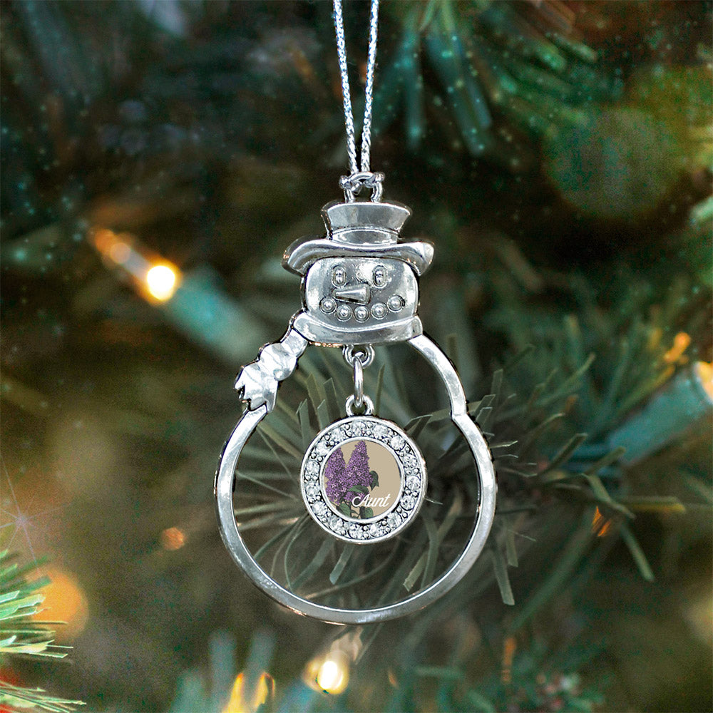 Silver Aunt Lilac Flower Circle Charm Snowman Ornament