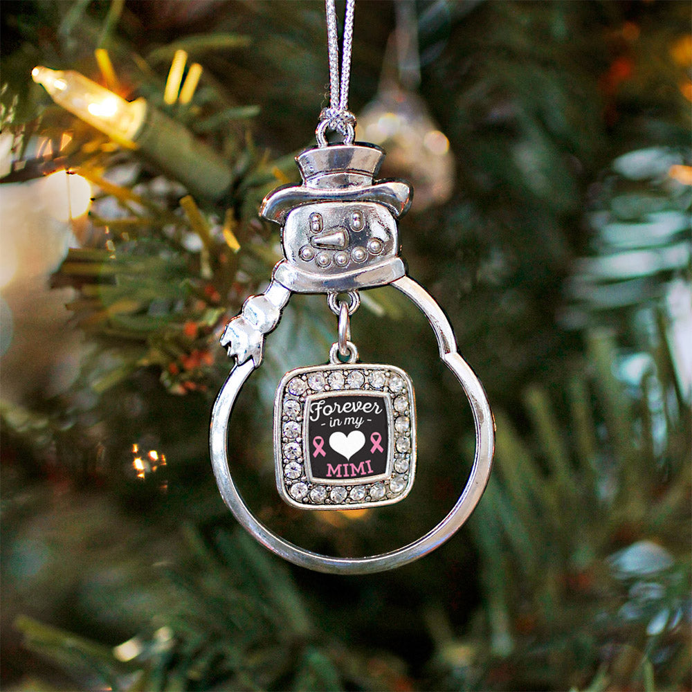 Silver Forever in my Heart Mimi Breast Cancer Support Square Charm Snowman Ornament