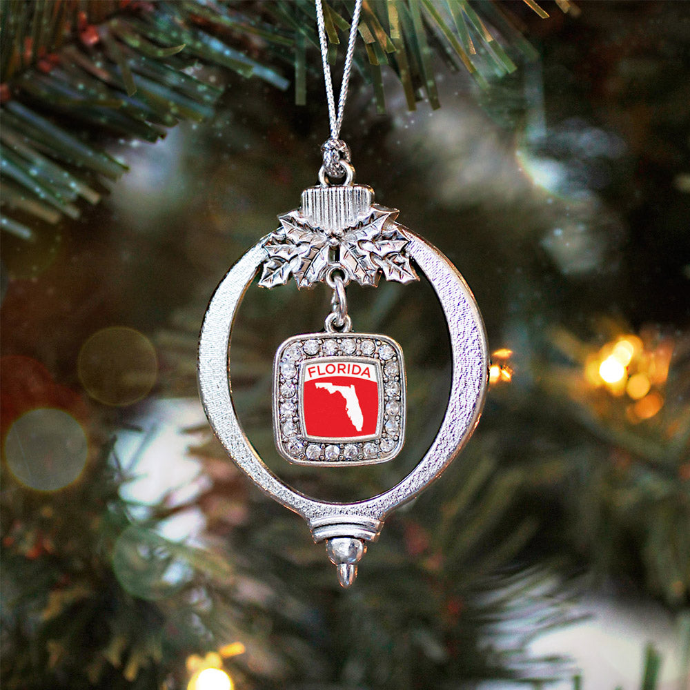 Silver Florida Outline Square Charm Holiday Ornament