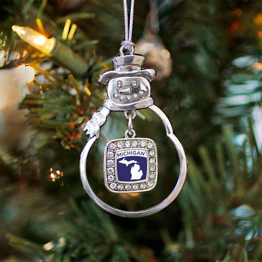 Silver Michigan Outline Square Charm Snowman Ornament