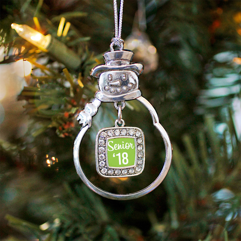 Silver Lime Green Senior '18 Square Charm Snowman Ornament