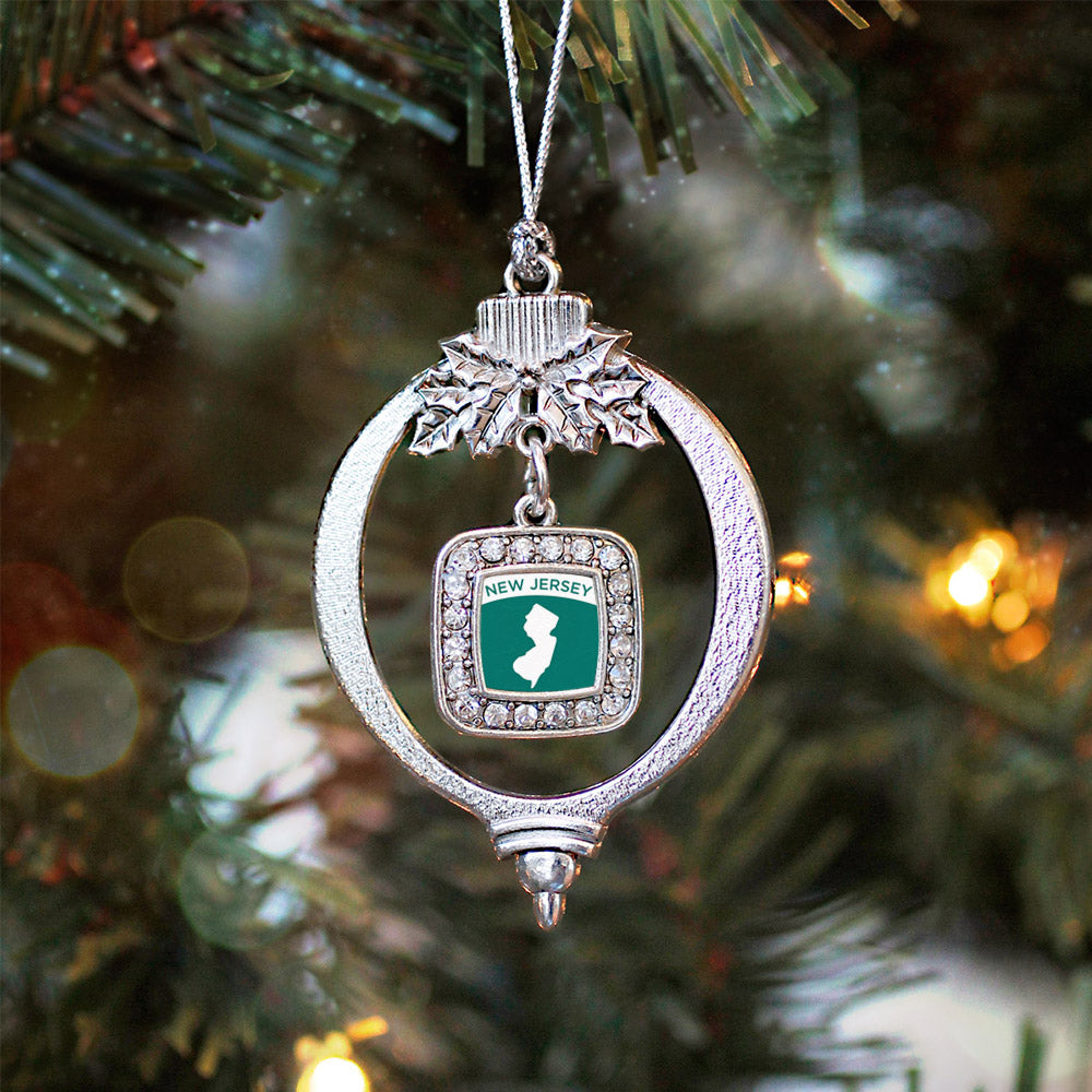 Silver New Jersey Outline Square Charm Holiday Ornament