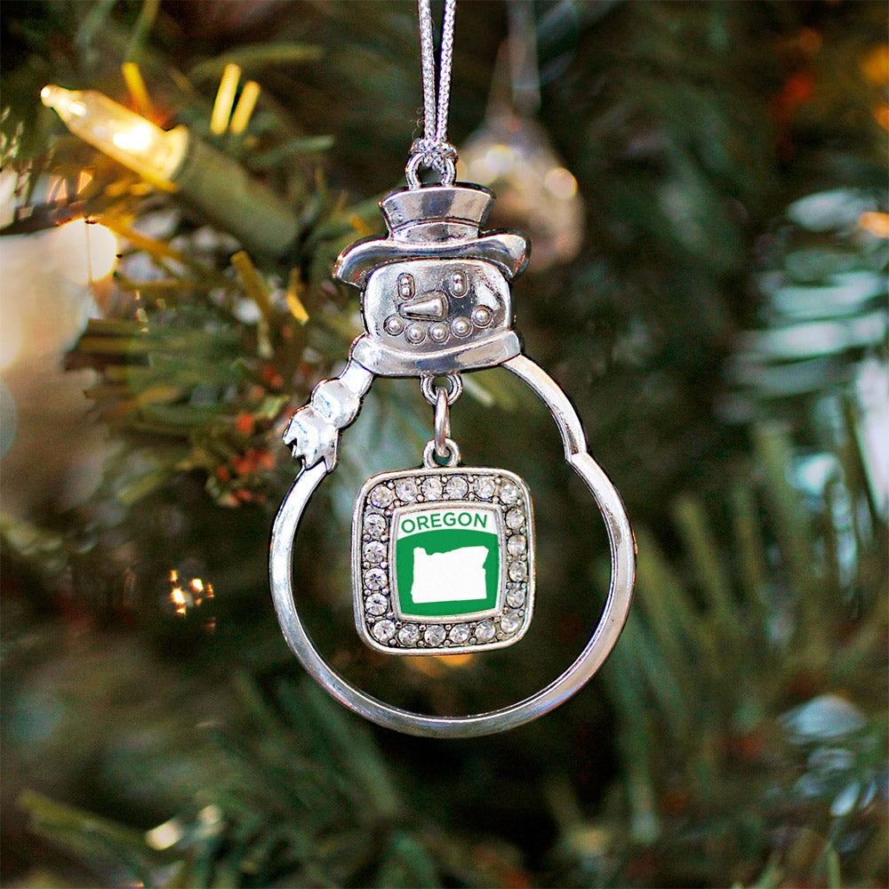 Silver Oregon Outline Square Charm Snowman Ornament