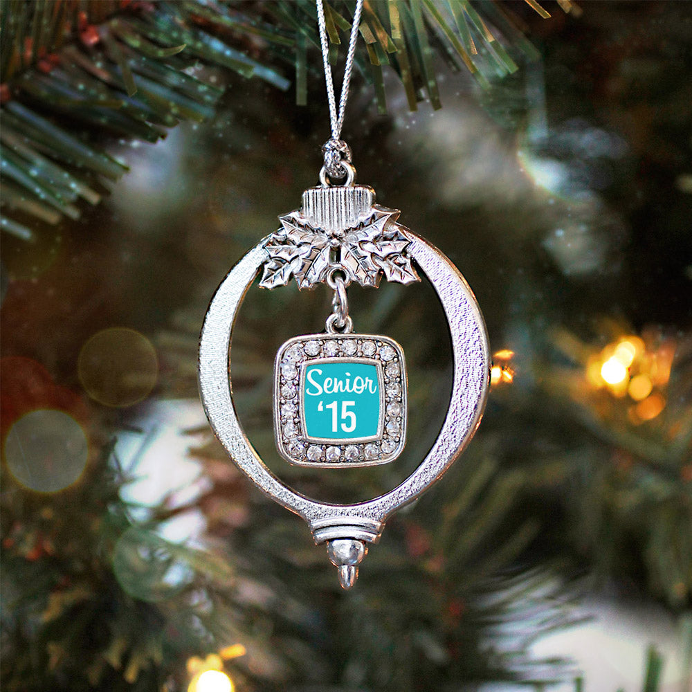 Silver Teal Senior '15 Square Charm Holiday Ornament