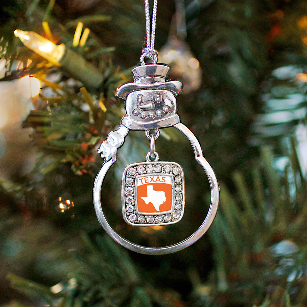 Silver Texas Outline Square Charm Snowman Ornament