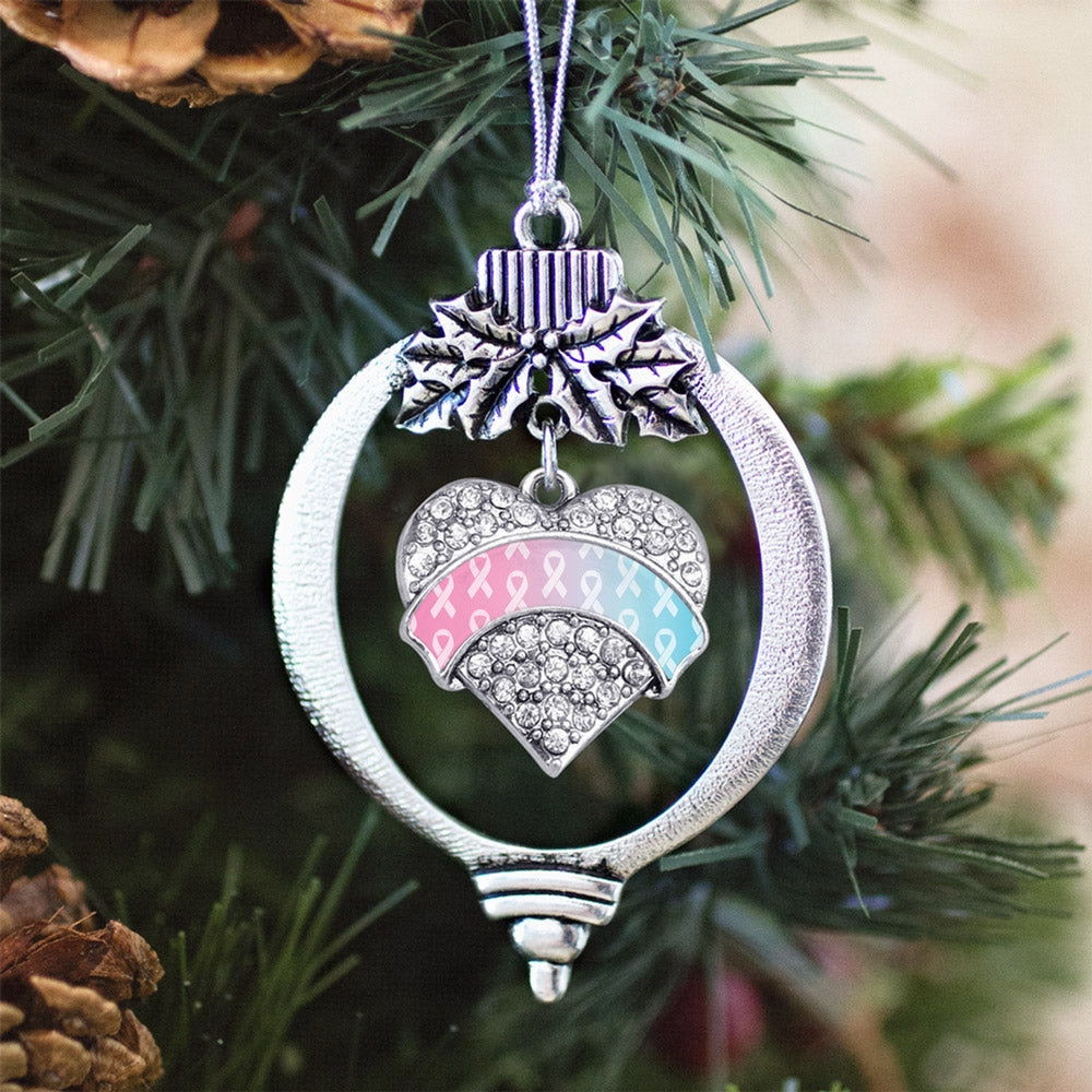 Silver Light Blue & Light Pink Ribbon Support Pave Heart Charm Holiday Ornament