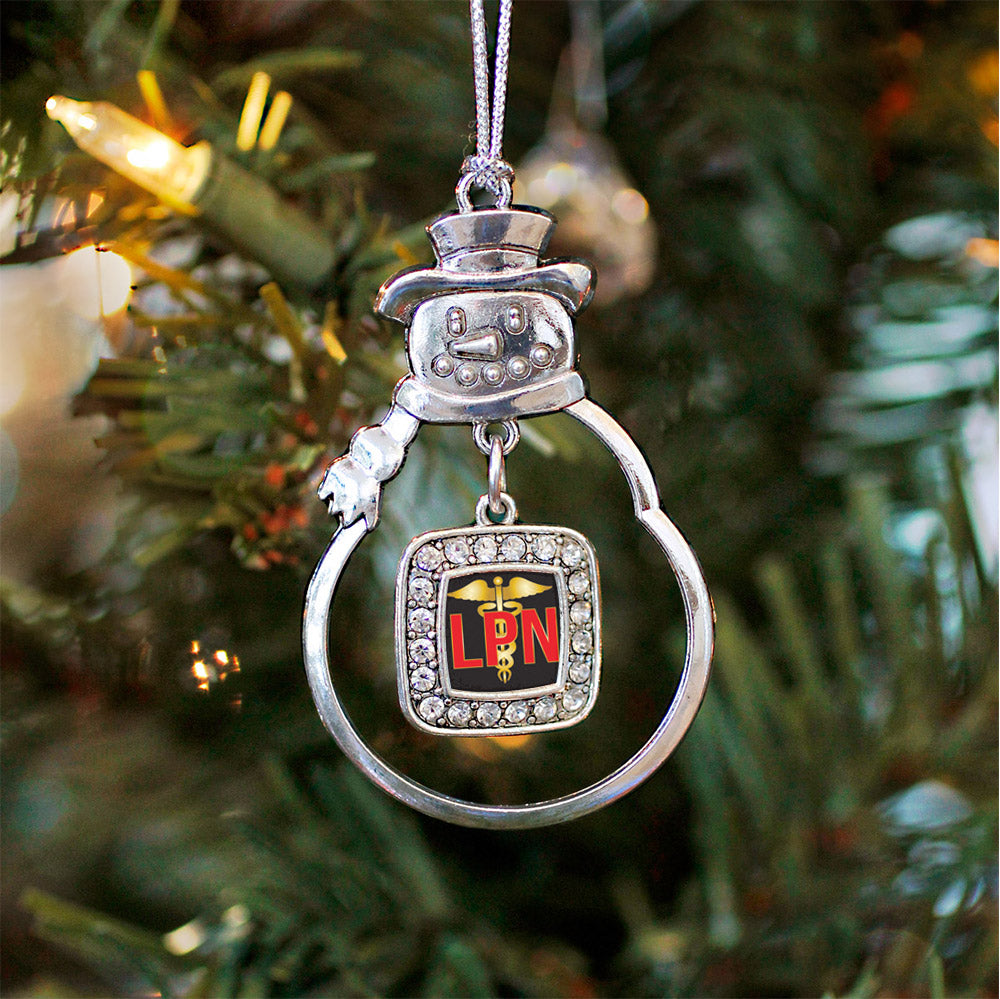 Silver LPN Square Charm Snowman Ornament