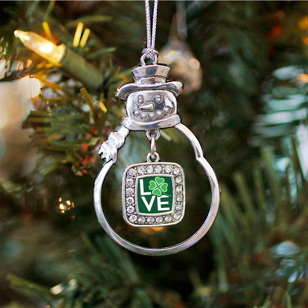 Silver Lucky Clover Of Love Square Charm Snowman Ornament
