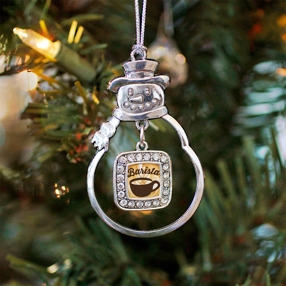 Silver Barista Square Charm Snowman Ornament