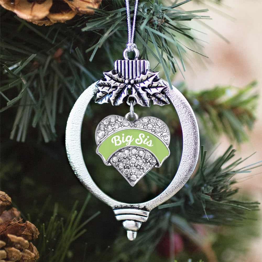 Silver Sage Green Big Sister Pave Heart Charm Holiday Ornament