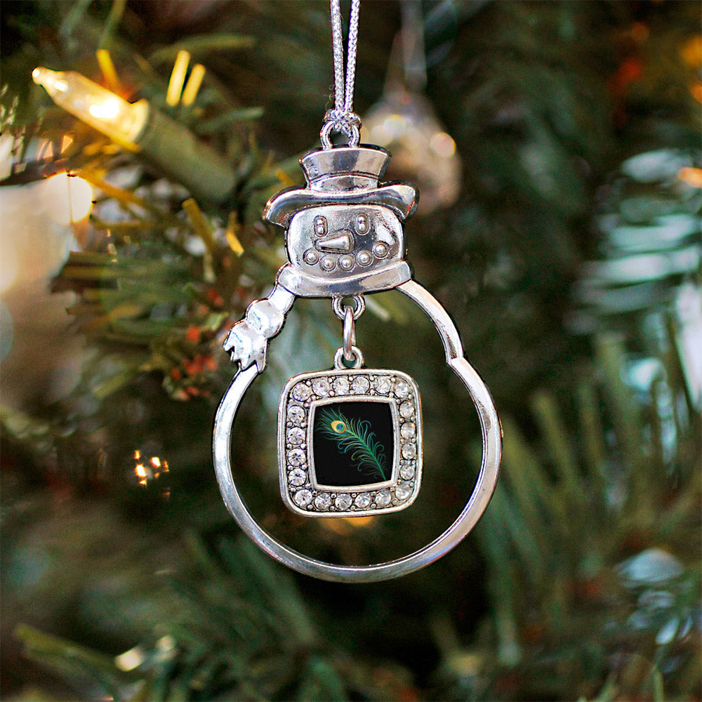 Silver Peacock Feather Square Charm Snowman Ornament