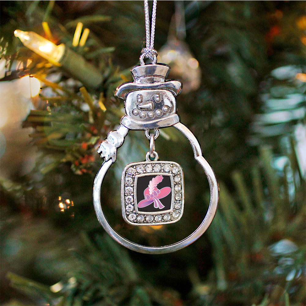 Silver Pink Hat Square Charm Snowman Ornament