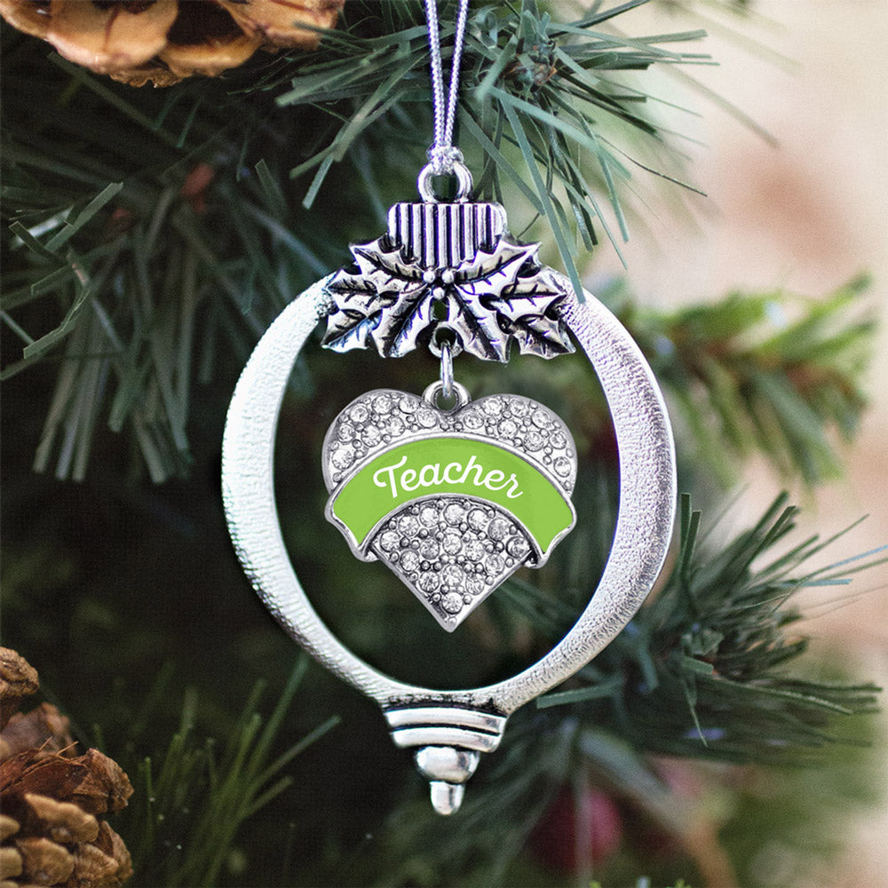 Silver Lime Green Teacher Pave Heart Charm Holiday Ornament