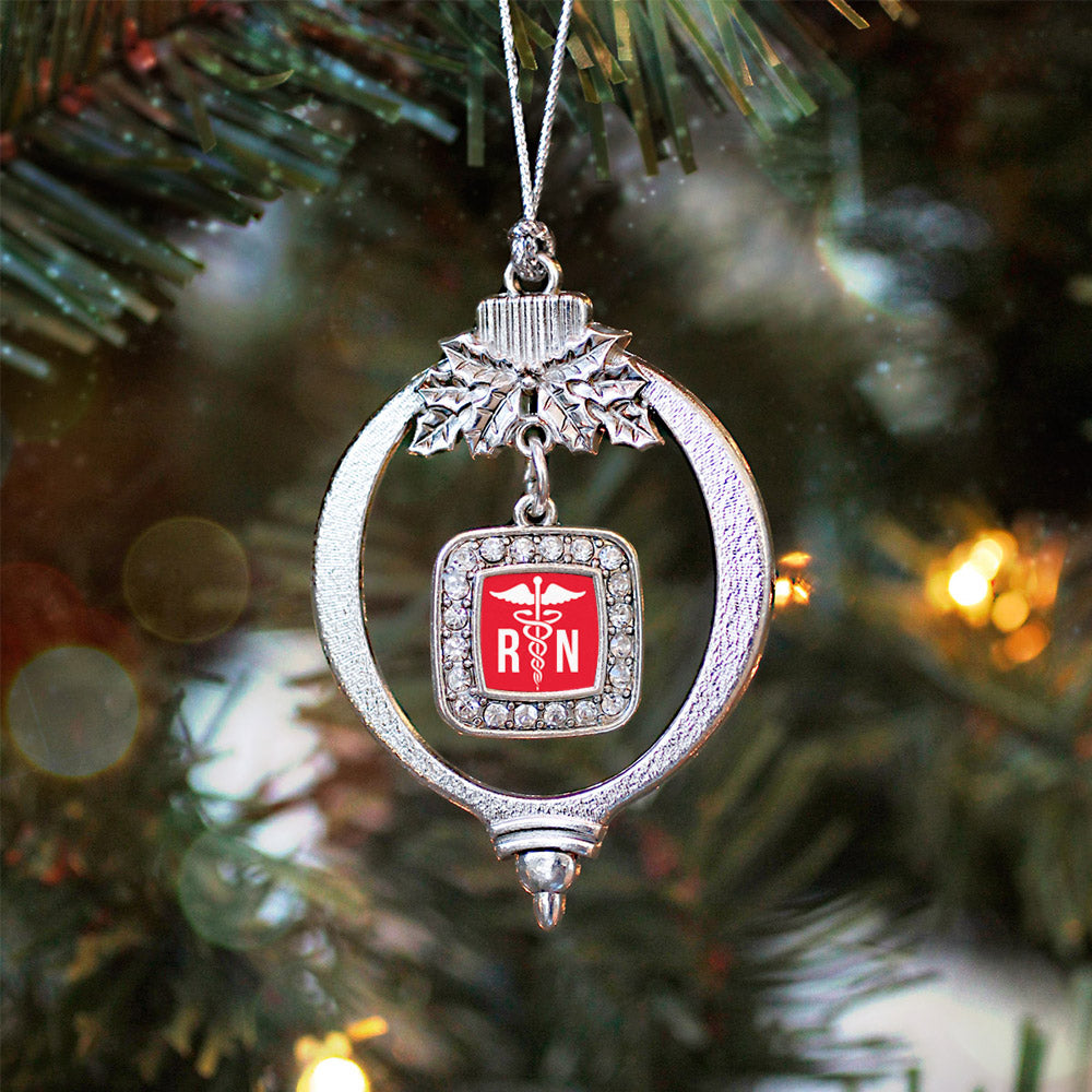 Silver Registered Nurse Square Charm Holiday Ornament