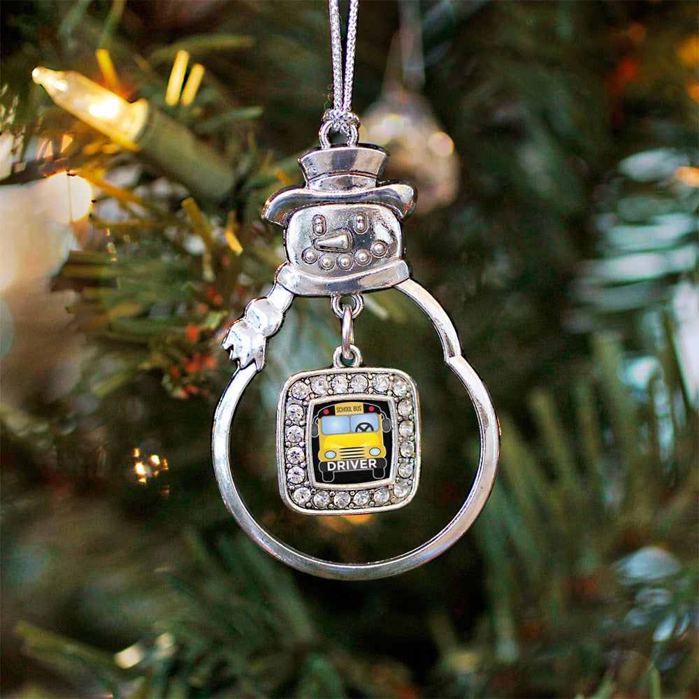 Silver School Bus Square Charm Snowman Ornament