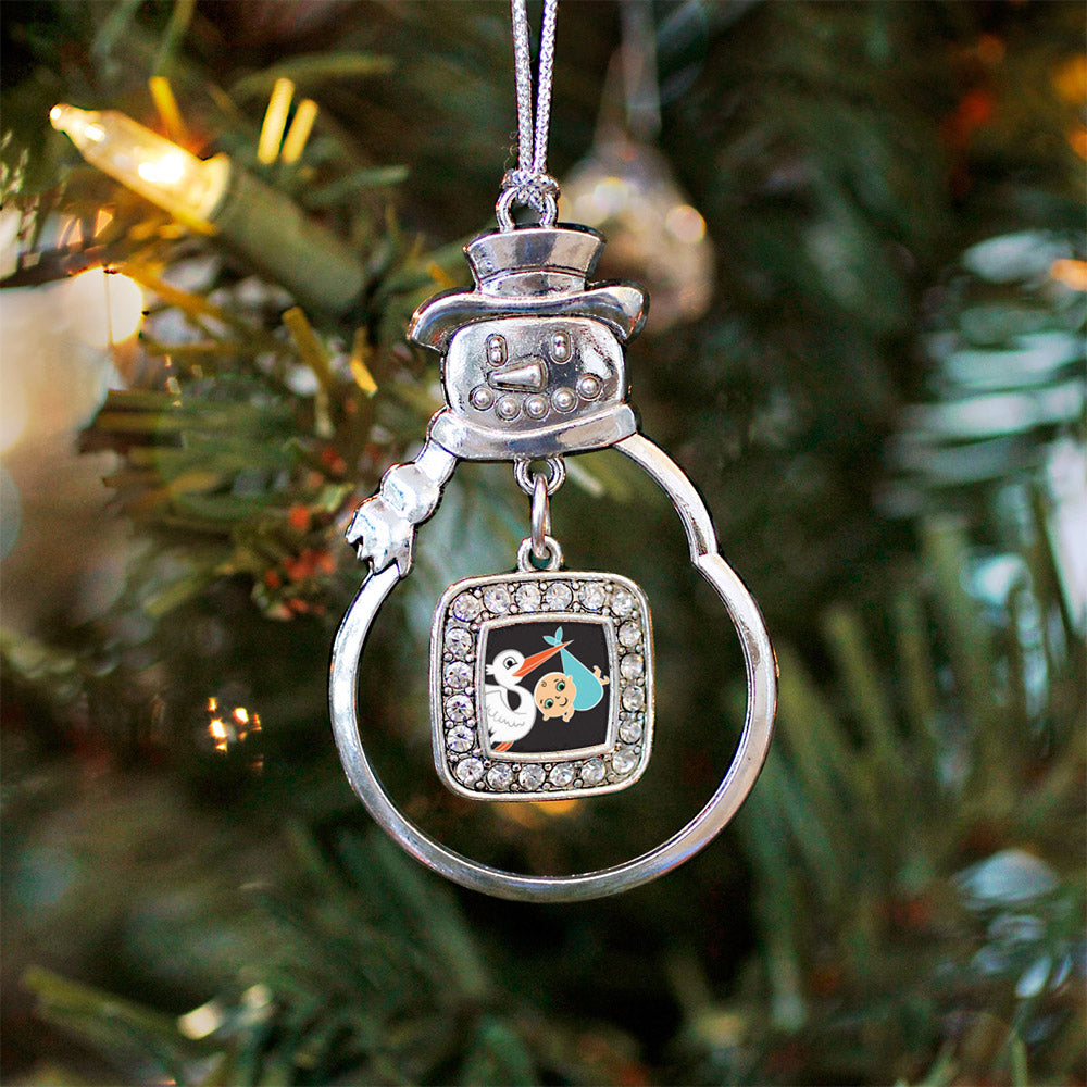 Silver Stork Brings A Boy Square Charm Snowman Ornament